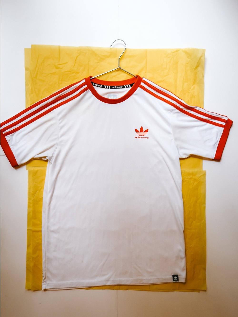 adidas White T-Shirt with Coral Red Stripes and Trefoil Logo